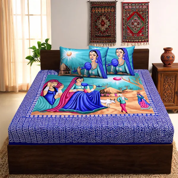 Surya_Blue_Multicolor_Cotton_Rajasthani_Print_Double_Bedsheet_With_Pillow_Covers