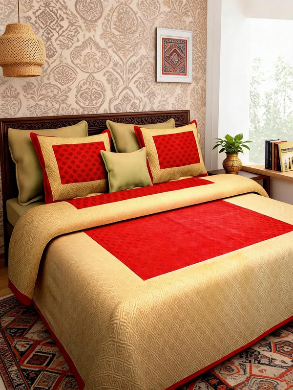 Char_Kaam_Red_And_Beige_Geometric_Pattern_King_Size_Bedsheet_With_Pillow_Covers