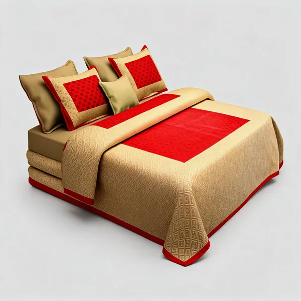 Char_Kaam_Red_And_Beige_Geometric_Pattern_King_Size_Bedsheet_With_Pillow_Covers