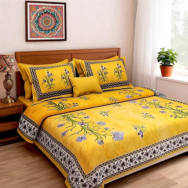 Kashmir_Kali_Yellow_Cotton_Floral_Print_King_Size_Bedsheet_With_Pillow_Covers
