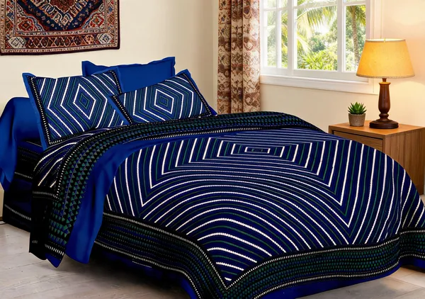 Lahariya_Blue_Geometric_Pattern_King_Size_Bedsheet_With_Pillow_Covers