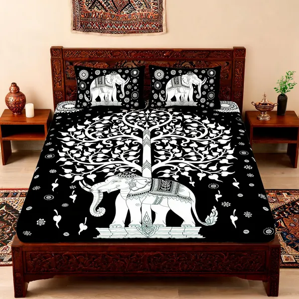 Hathi_Ped_Black_&_White_Of_Life_Print_King_Size_Bedsheet_With_Pillow_Covers