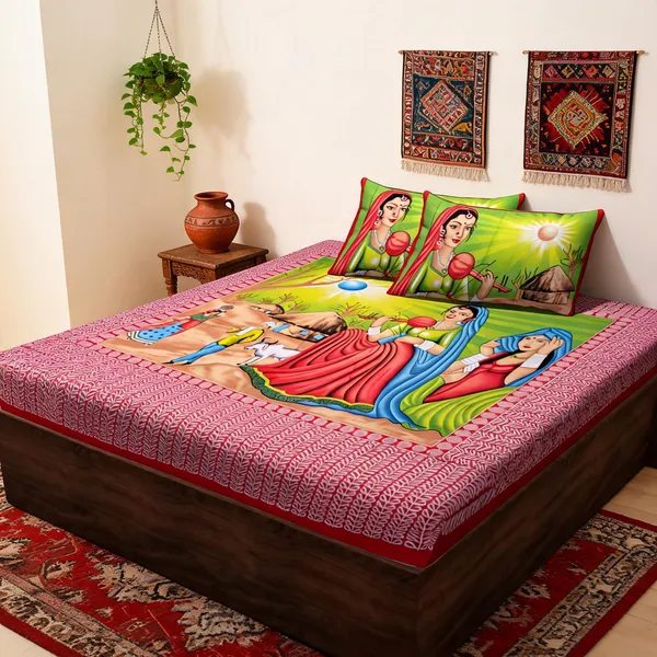 Surya_Pink_Cotton_Multicolor_Rajasthani_Print_Double_Bedsheet_With_Pillow_Covers