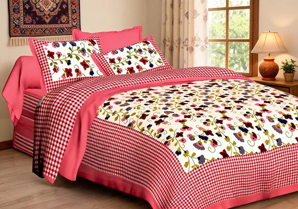 Check_Mate_Pink_Cotton_Floral_Print_Checkered_Border_Double_Bedsheet_With_Pillow_Covers