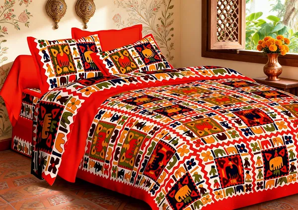 City_Hathi_Orange_Cotton_Multicolor_Rajasthani_Print_Double_Bedsheet_With_Pillow_Covers