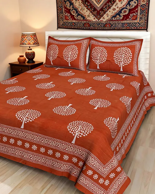 Multi_Ped_Orange_Cotton_Tree_Print_Double_Bedsheet_With_2_Pillow_Covers
