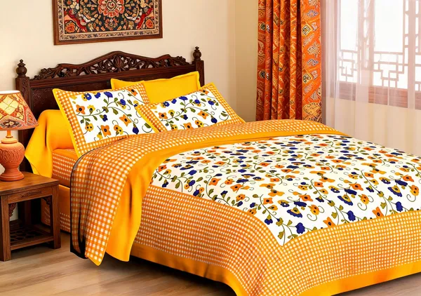 Check_Mate_Yellow_Floral_Print_Cotton_Double_Bedsheet_Set
