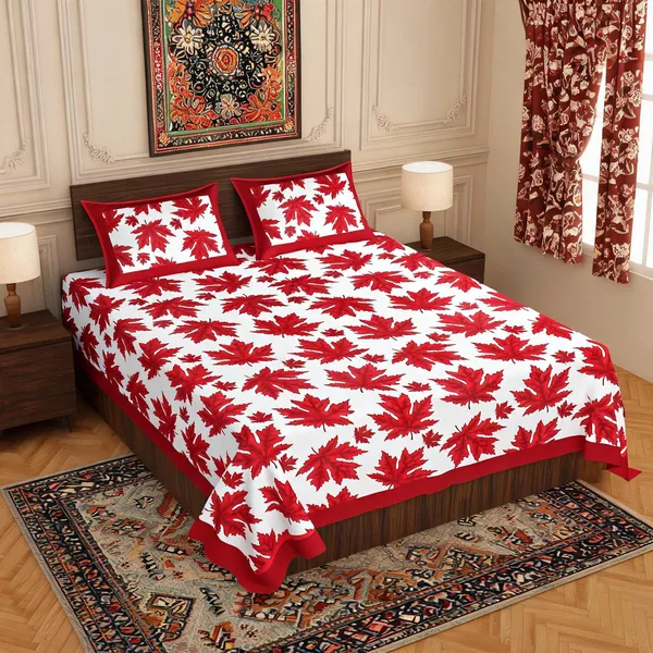 Patti_Red_Maple_Leaf_Print_Double_Bedsheet_With_Pillow_Covers