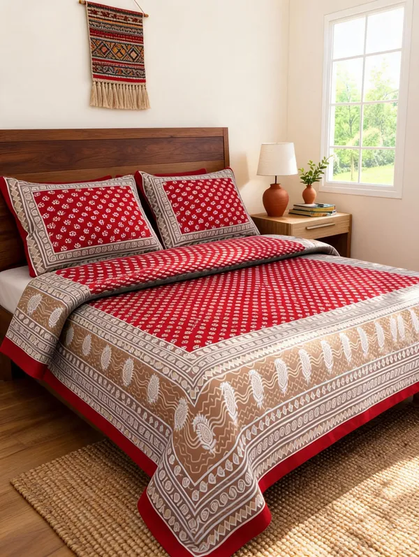Teen_Kaam_Red_Cotton_Printed_Double_Bedsheet_With_Pillow_Covers