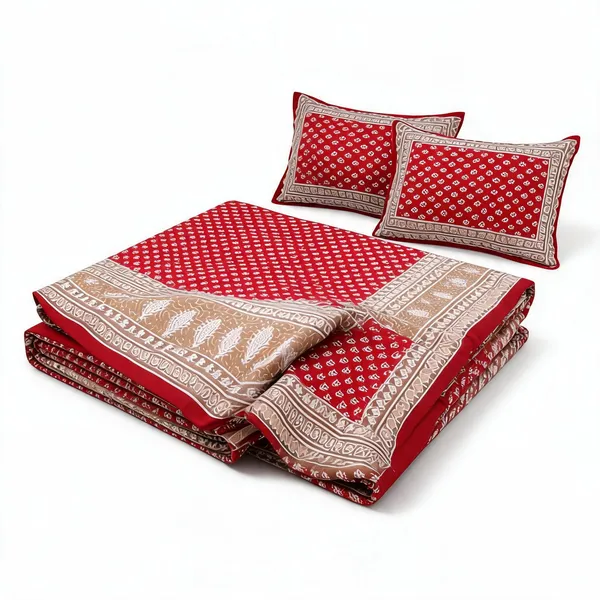 Teen_Kaam_Red_Cotton_Printed_Double_Bedsheet_With_Pillow_Covers