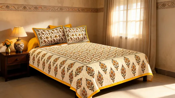 Gamla_Buta_Yellow_Cotton_Traditional_Floral_Print_King_Size_Bedsheet_With_Pillow_Covers