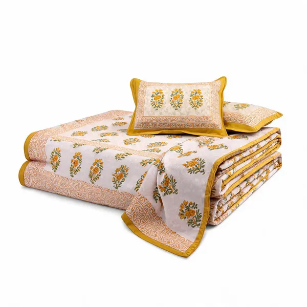 Gamla_Buta_Yellow_Cotton_Floral_Print_Double_Bedsheet_Set_With_Pillow_Covers