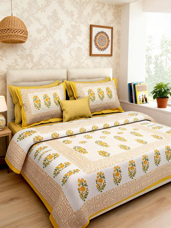 Gamla_Buta_Yellow_Cotton_Floral_Print_Double_Bedsheet_Set_With_Pillow_Covers