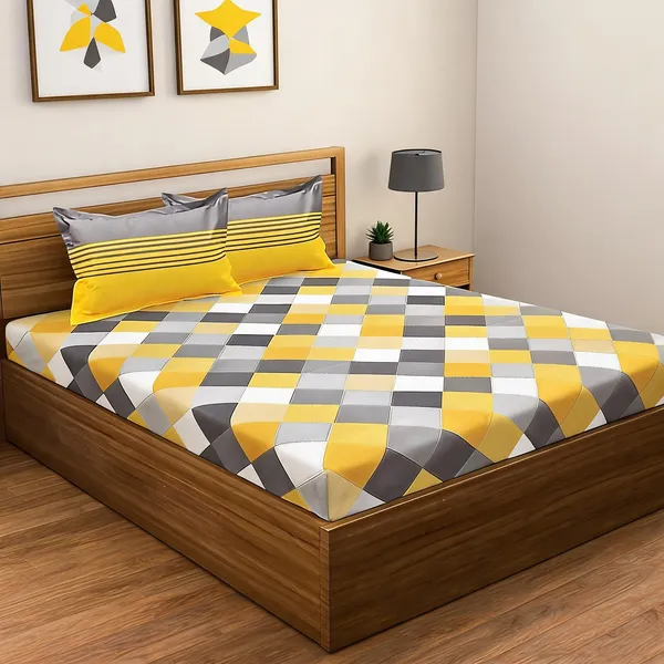 Ahamdabadi_Chokda_Yellow_&_Grey_Geometric_Print_Double_Bedsheet_With_Pillow_Covers