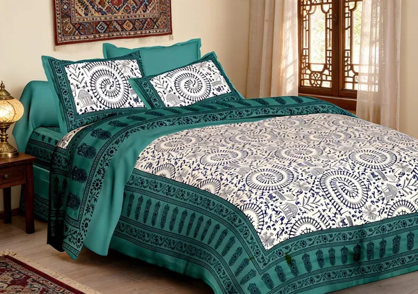 Aadimanav_Teal_Cotton_Mandala_Print_King_Size_Bedsheet_With_Pillow_Covers