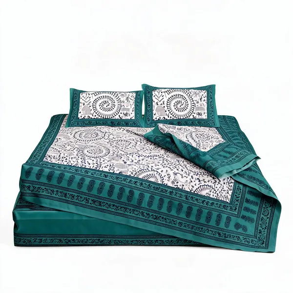 Aadimanav_Teal_Cotton_Mandala_Print_King_Size_Bedsheet_With_Pillow_Covers