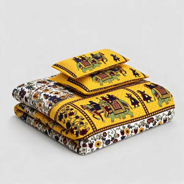 Gangaur_Yellow_Cotton_Ethnic_Print_King_Size_Bedsheet_With_Pillow_Covers