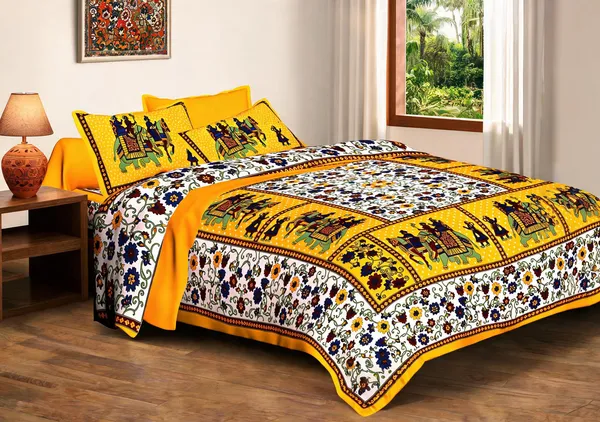 Gangaur_Yellow_Cotton_Ethnic_Print_King_Size_Bedsheet_With_Pillow_Covers