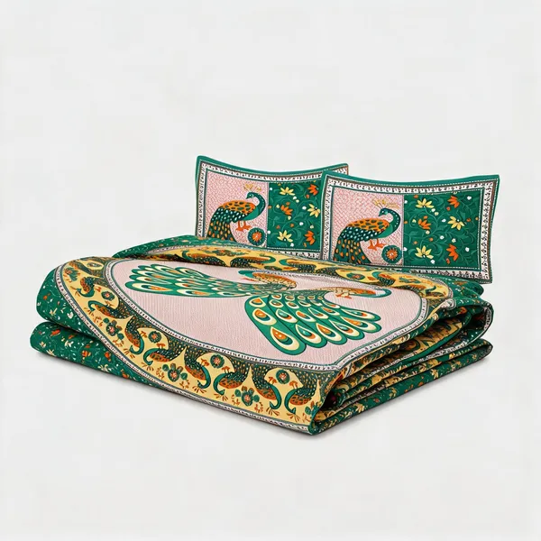 Tedha_Mor_Double_Green__Cotton_Double_Bedsheet_With_Pillow_Covers
