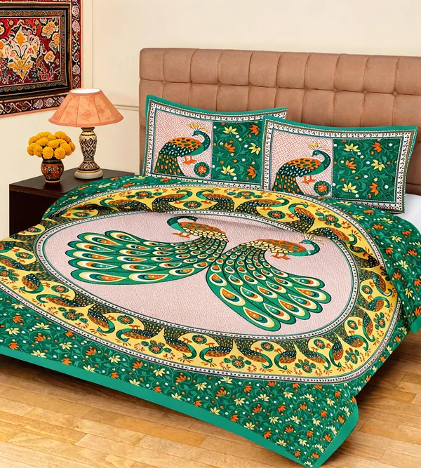 Tedha_Mor_Double_Green__Cotton_Double_Bedsheet_With_Pillow_Covers