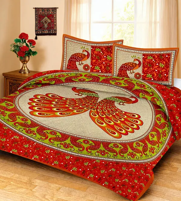Tedha_Mor_Double_Red_Cotton_Peacock_Print_Double_Bedsheet_With_Pillow_Covers