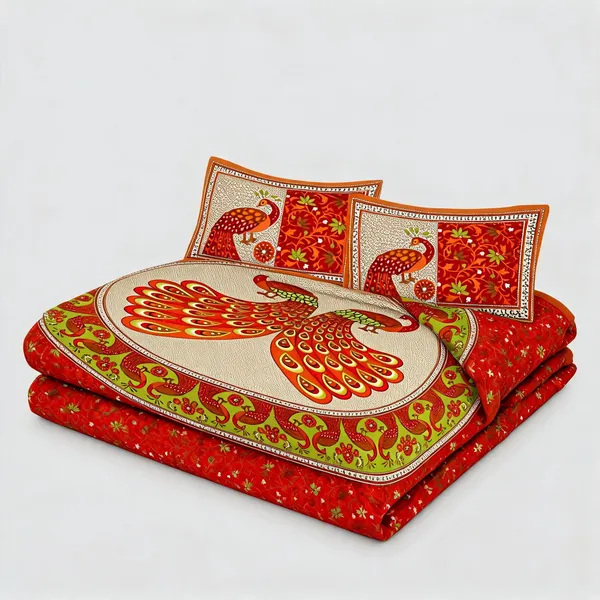 Tedha_Mor_Double_Red_Cotton_Peacock_Print_Double_Bedsheet_With_Pillow_Covers