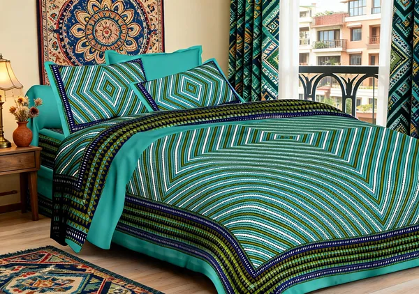 Lahariya_Green_Turquoise_Cotton_Geometric_Print_King_Size_Bedsheet_With_Pillow_Covers