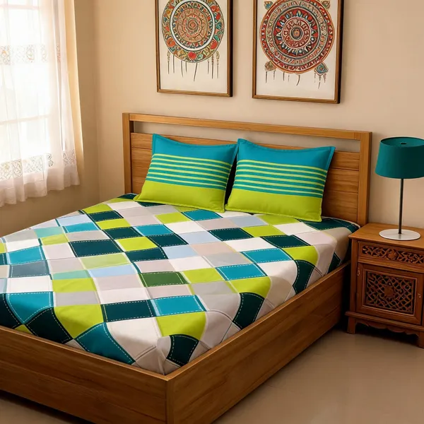 Ahamdabadi_Chokda_Green_Cotton_Geometric_King_Size_Bedsheet_With_Pillow_Covers