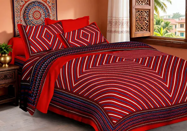 Lahariya_Red_Geometric_Striped_Pattern_Double_Bedsheet_With_Pillow_Covers