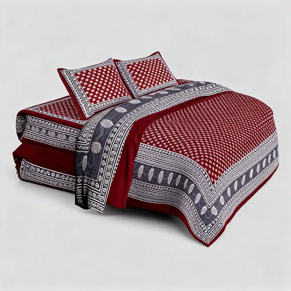 Teen_Kaam_Maroon_Cotton_Jaipuri_Print_King_Size_Bedsheet_With_Pillow_Covers