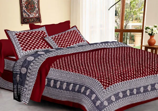 Teen_Kaam_Maroon_Cotton_Jaipuri_Print_King_Size_Bedsheet_With_Pillow_Covers