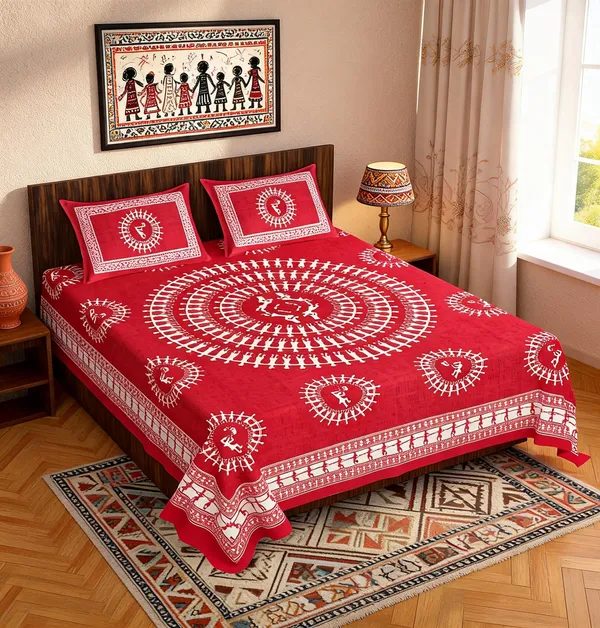 Warli_Aadimanav_Red_Cotton_Printed_Double_Bedsheet_With_2_Pillow_Covers