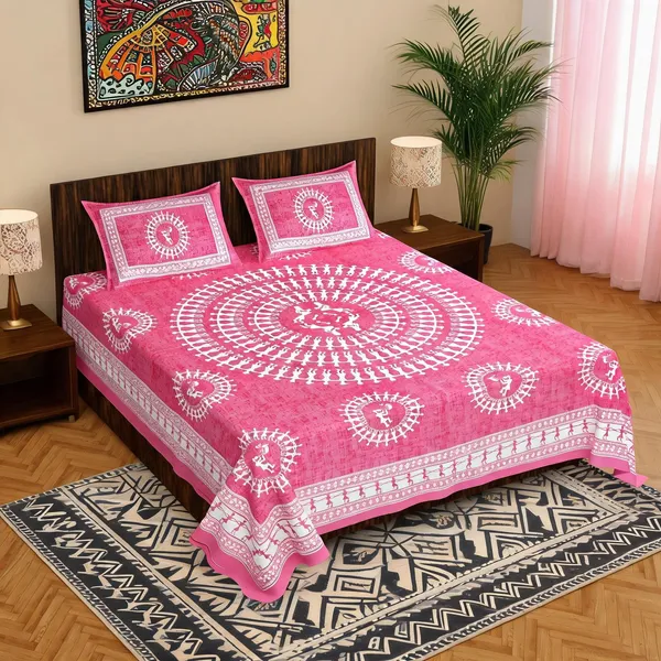 Warli_Pink_Aadimanav_Cotton_Mandala_Print_Double_Bedsheet_With_Two_Pillow_Covers