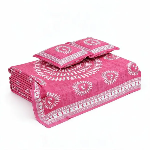 Warli_Pink_Aadimanav_Cotton_Mandala_Print_Double_Bedsheet_With_Two_Pillow_Covers