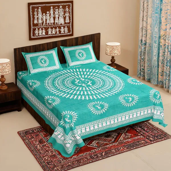 Warli_Aadimanav_Sea_Green_Turquoise_Cotton_Warli_Print_Double_Bedsheet_With_Pillow_Covers