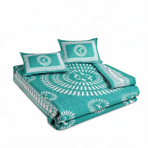 Warli_Aadimanav_Sea_Green_Turquoise_Cotton_Warli_Print_Double_Bedsheet_With_Pillow_Covers