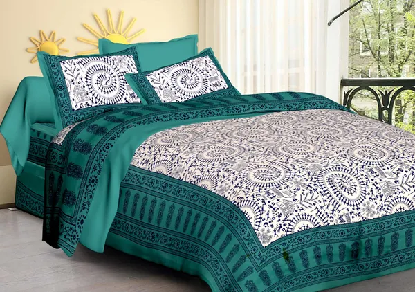 Aadimanav_Teal_Cotton_Mandala_Print_King_Size_Bedsheet_With_Pillow_Covers