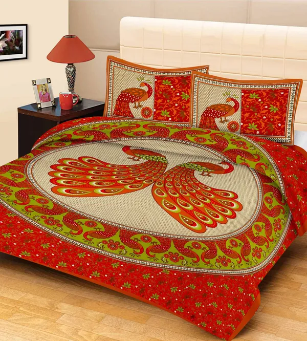 Tedha_Mor_Double_Red_Cotton_Peacock_Print_Double_Bedsheet_With_Pillow_Covers