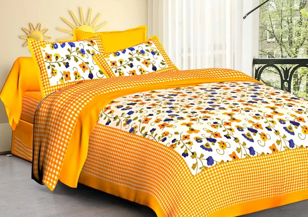 Check_Mate_Yellow_Floral_Print_Cotton_Double_Bedsheet_Set