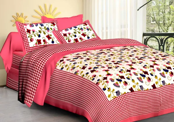 Check_Mate_Pink_Cotton_Floral_Print_Checkered_Border_Double_Bedsheet_With_Pillow_Covers