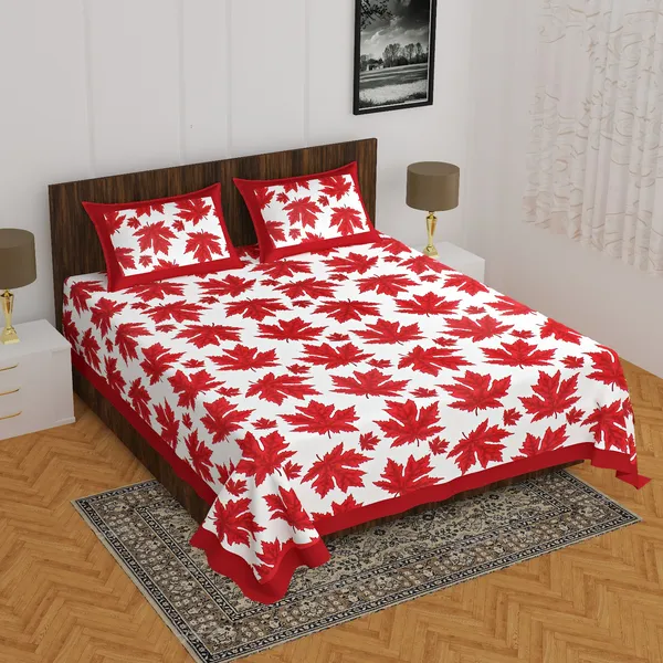 Patti_Red_Maple_Leaf_Print_Double_Bedsheet_With_Pillow_Covers