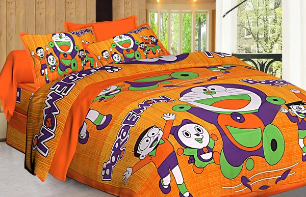 Doraemon_Orange_Cotton_Cartoon_Character_Print_Double_Bedsheet_With_Pillow_Covers