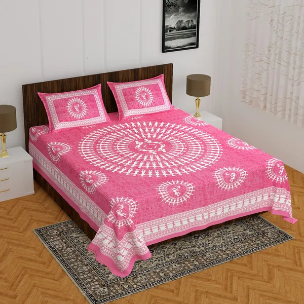 Warli_Pink_Aadimanav_Cotton_Mandala_Print_Double_Bedsheet_With_Two_Pillow_Covers