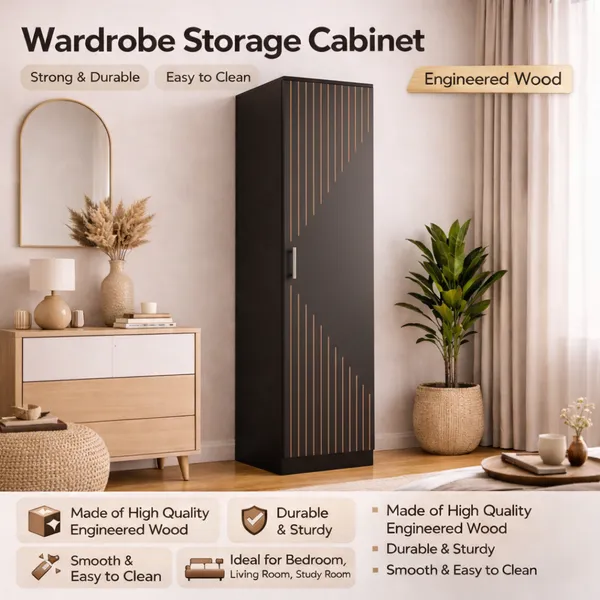 Spydercraft_Single_Door_Fraser_Wardrobe_Sleek_Matte_Finish_Space_Saving_Storage_Unit_180Cm_Height_Color_Black