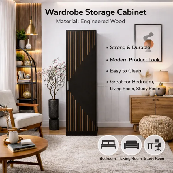 Spydercraft_Single_Door_Fraser_Wardrobe_Sleek_Matte_Finish_Space_Saving_Storage_Unit_180Cm_Height_Color_Black