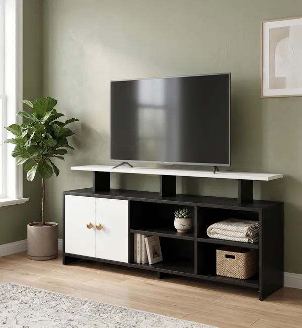 Spydercraft_Modern_Marble_Tv_Unit_With_Storage_Display_Shelf_Space_Saving_Entertainment_Console_In_Black_White_Finish