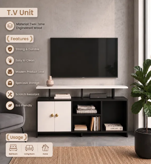 Spydercraft_Modern_Marble_Tv_Unit_With_Storage_Display_Shelf_Space_Saving_Entertainment_Console_In_Black_White_Finish
