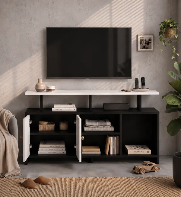 Spydercraft_Modern_Marble_Tv_Unit_With_Storage_Display_Shelf_Space_Saving_Entertainment_Console_In_Black_White_Finish