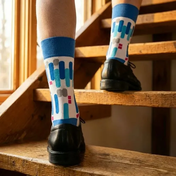 White_And_Blue_Geometric_Pattern_Crew_Socks_For_Unisex