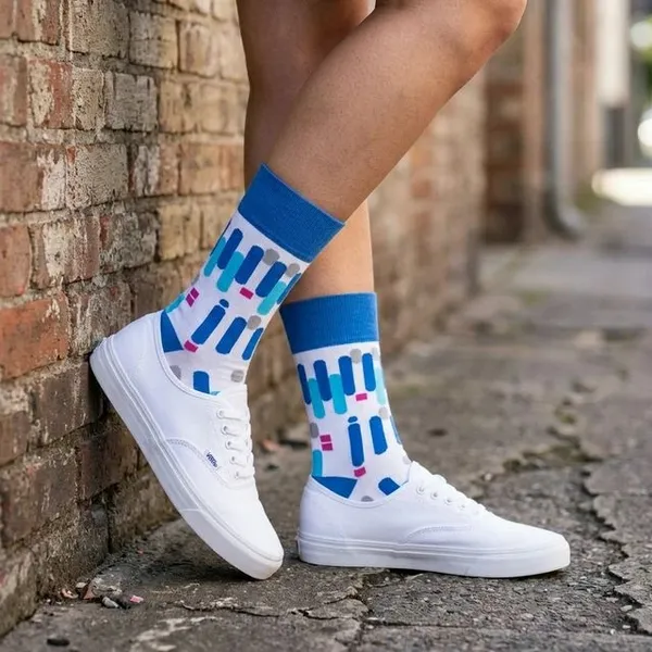 White_And_Blue_Geometric_Pattern_Crew_Socks_For_Unisex